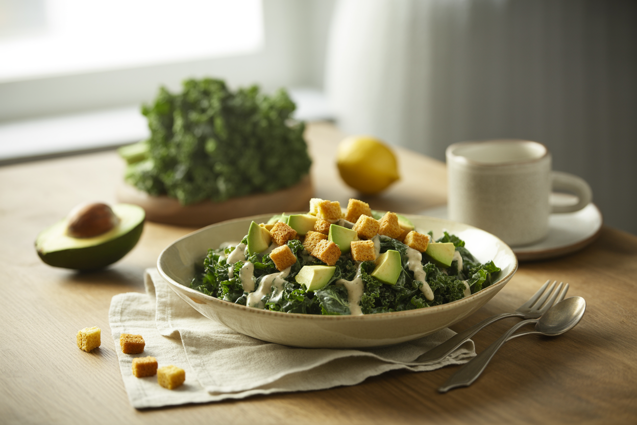 Kale Caesar salad with cornbread croutons and avocado