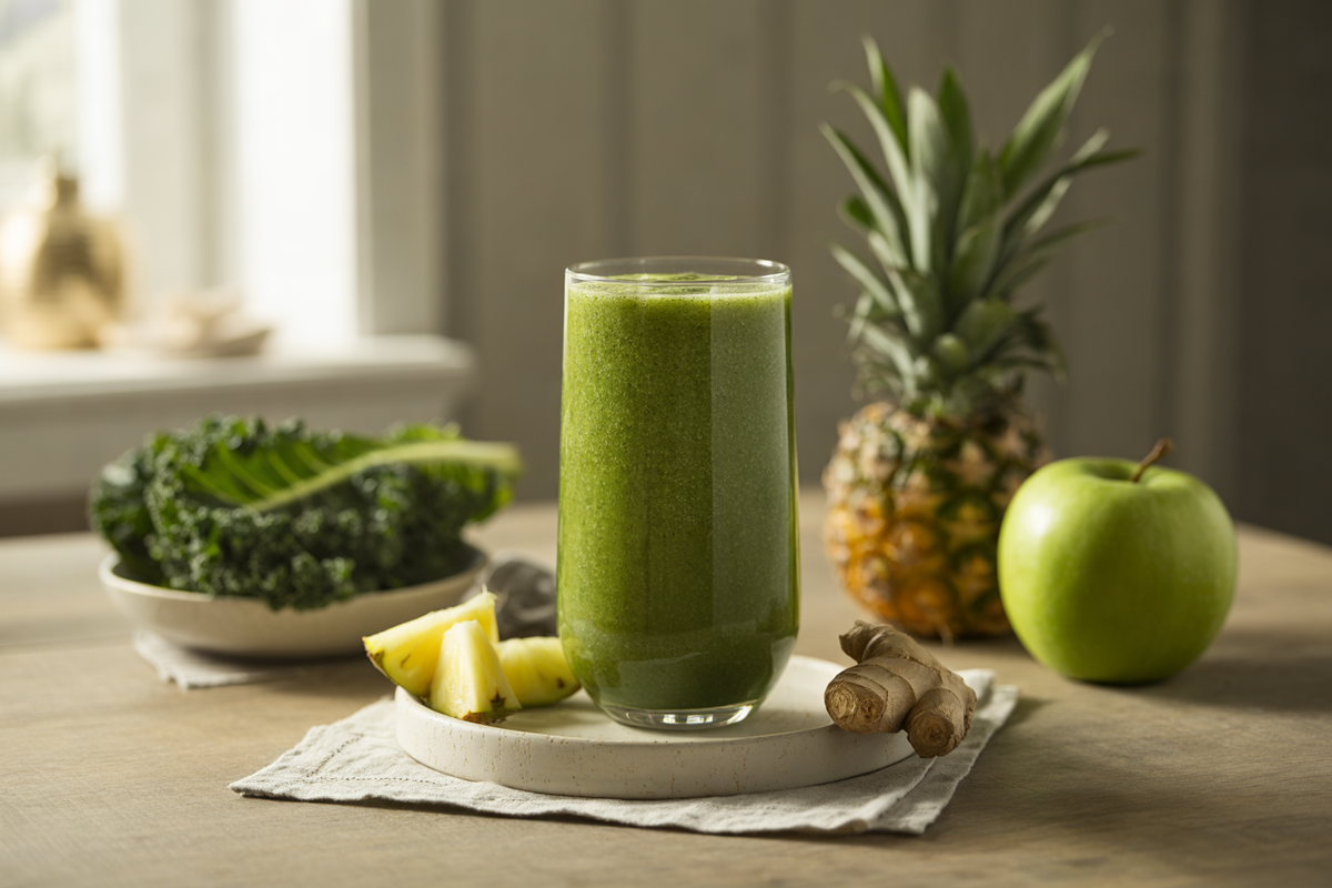 Kale pineapple green smoothie with apple and ginger