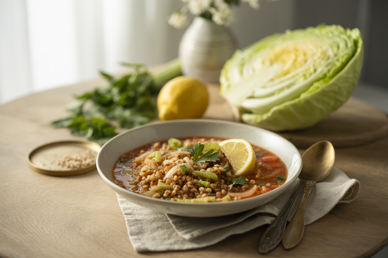 Kasha and cabbage soup with buckwheat, celery and parsley