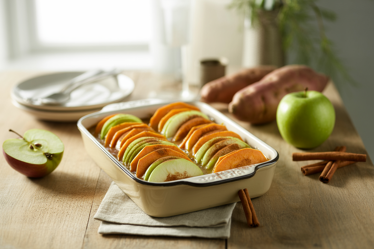 Spiced sweet potato and apple terrine baked in alternating rows