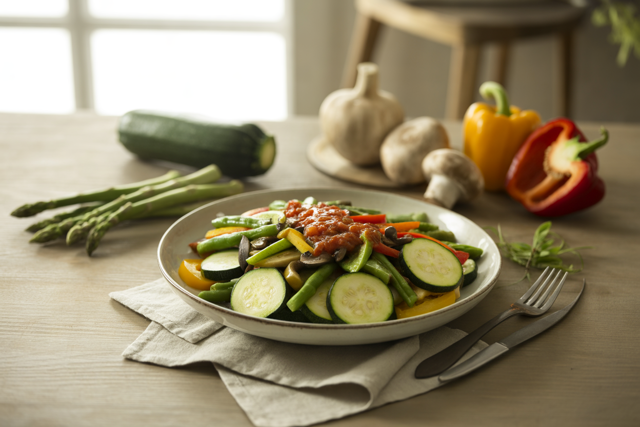 Steamed vegetables topped with marinara sauce