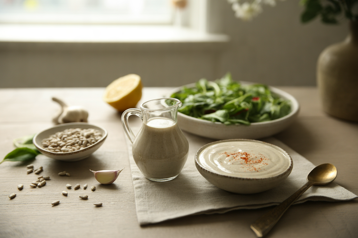 Creamy sunflower seed dressing with paprika and lemon