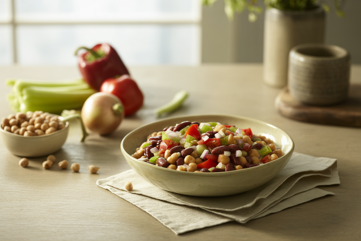 Kidney bean and chickpea salad with tomato, sweet pepper and celery