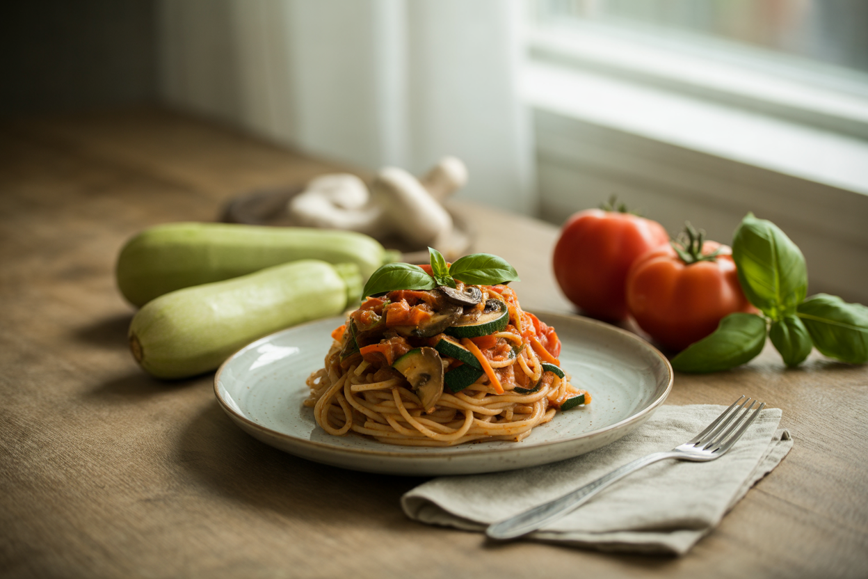 Spaghetti with chunky vegetable tomato sauce and basil
