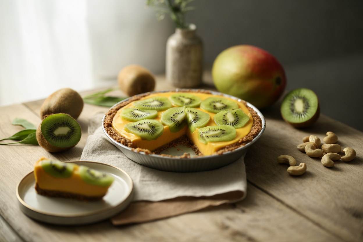 Raw kiwi and mango pie with a cashew date crust