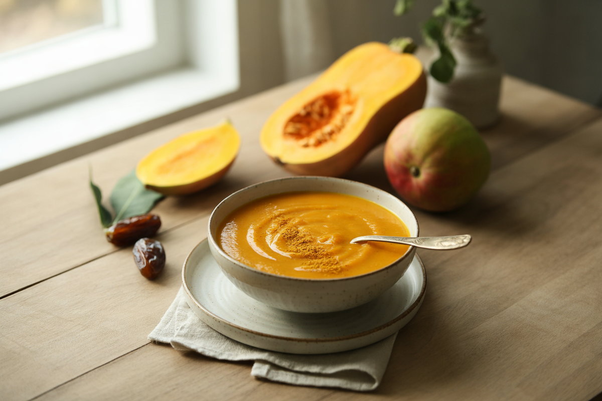 Raw butternut squash soup with mango, orange and dates