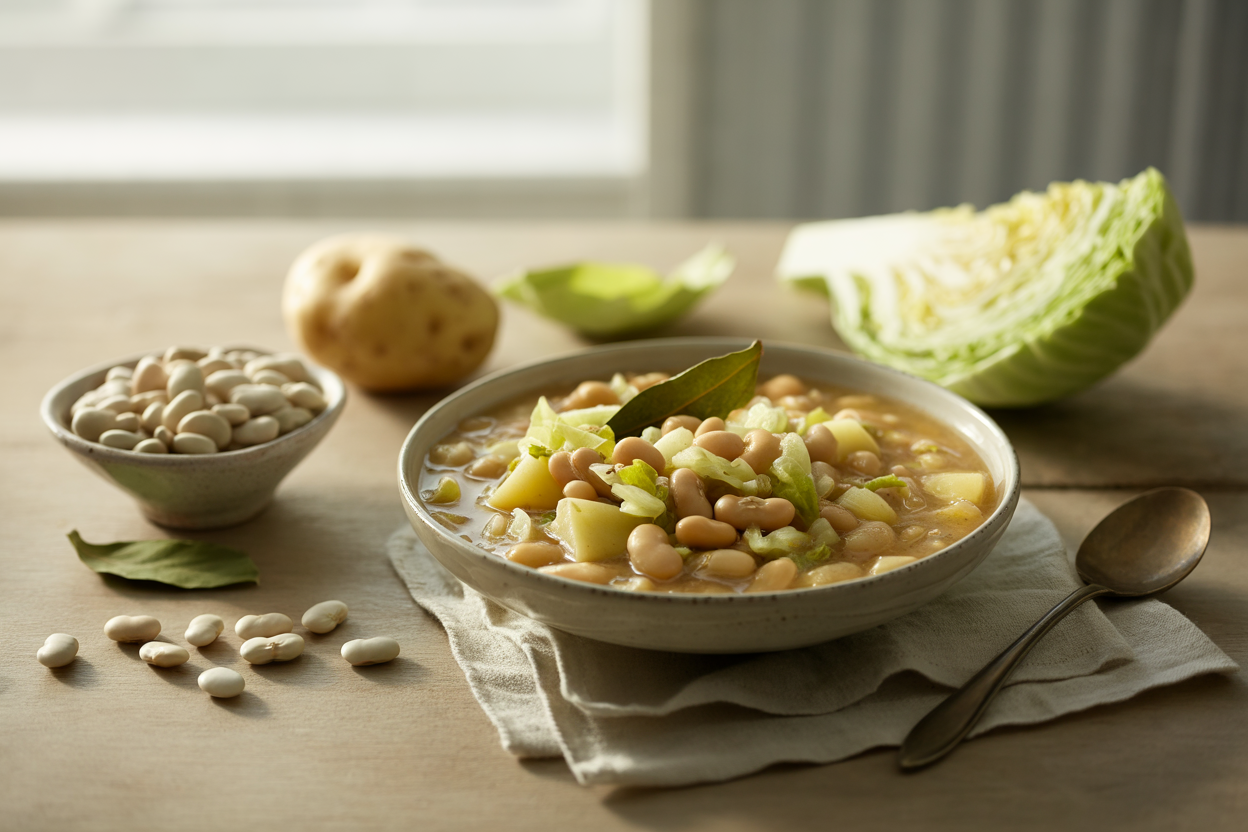 Large lima bean chowder with potato and cabbage