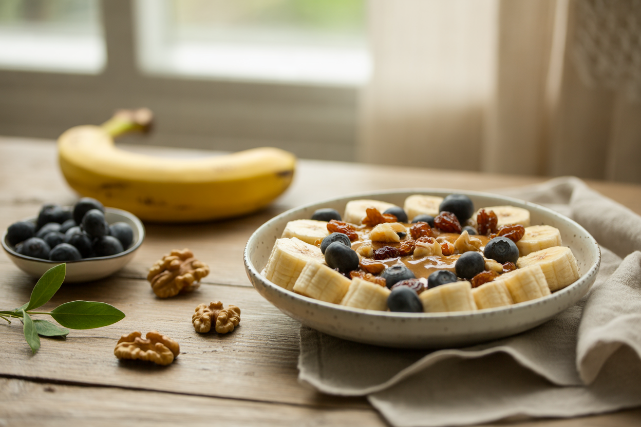 Banana and blueberry bowl with raisins, walnuts and almond butter