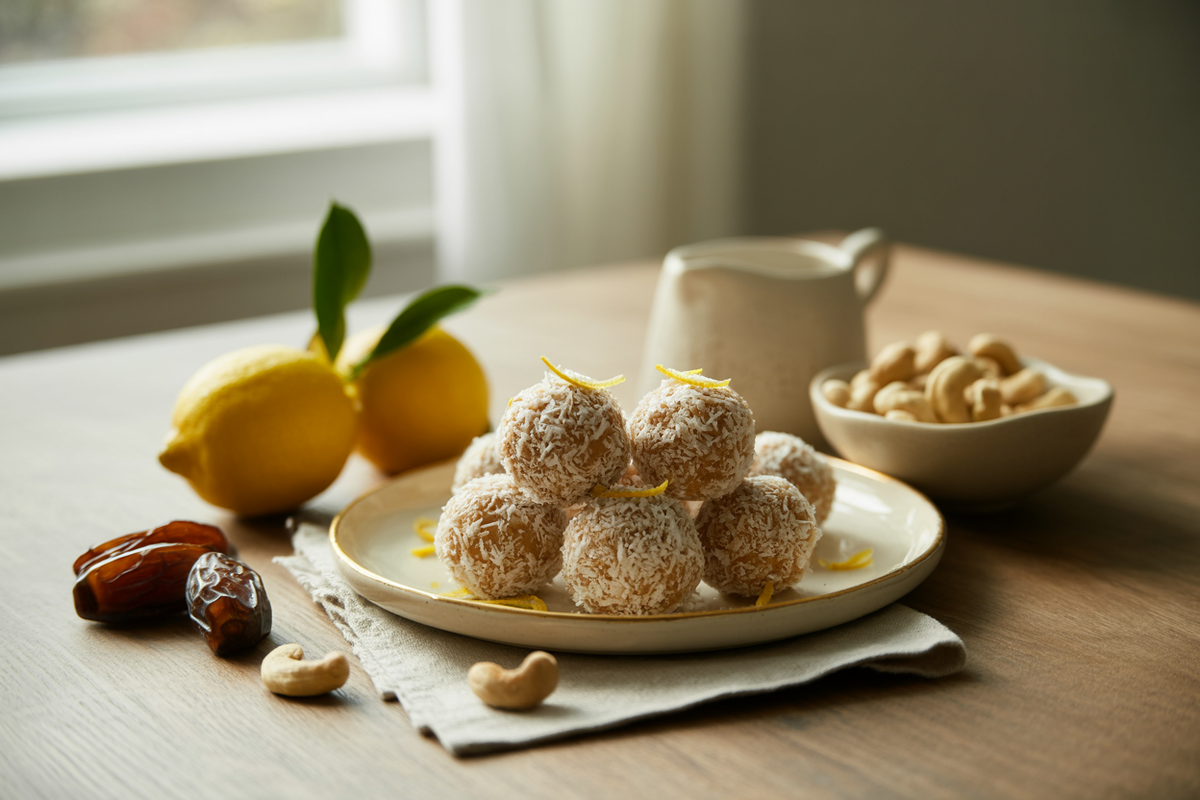 Lemon coconut truffles rolled in shredded coconut with fresh lemons