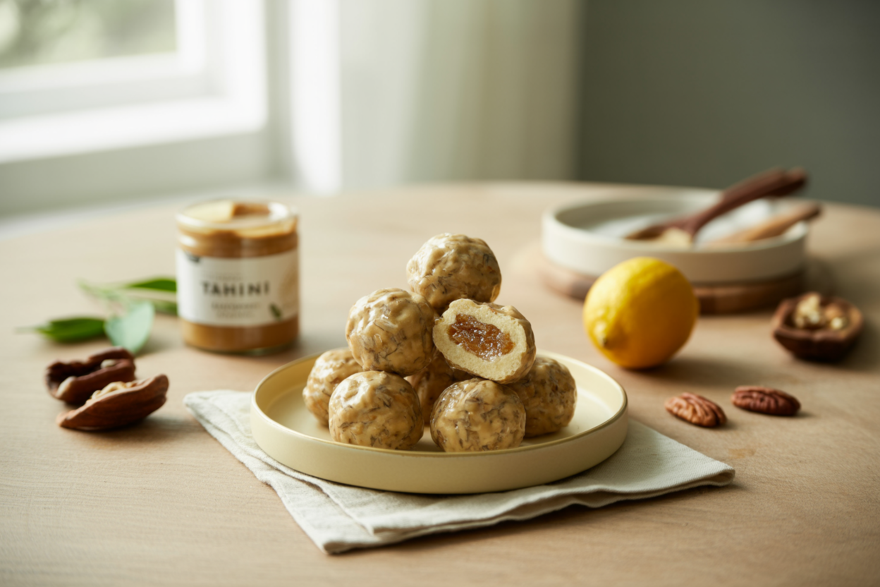 Lemon tahini nut balls made with pecans and dates, with a lemon