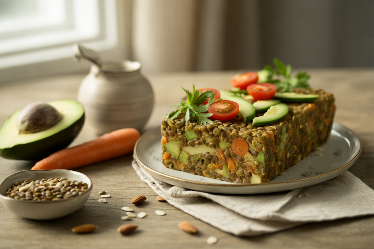 Lentil almond loaf with cherry tomatoes and avocado
