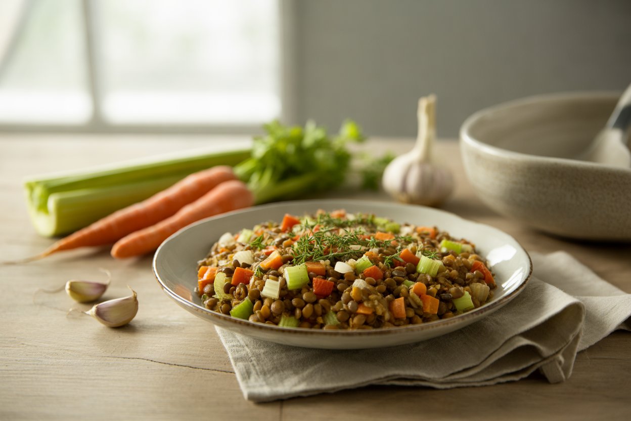 Lentil and brown rice casserole with carrots, celery and tomatoes