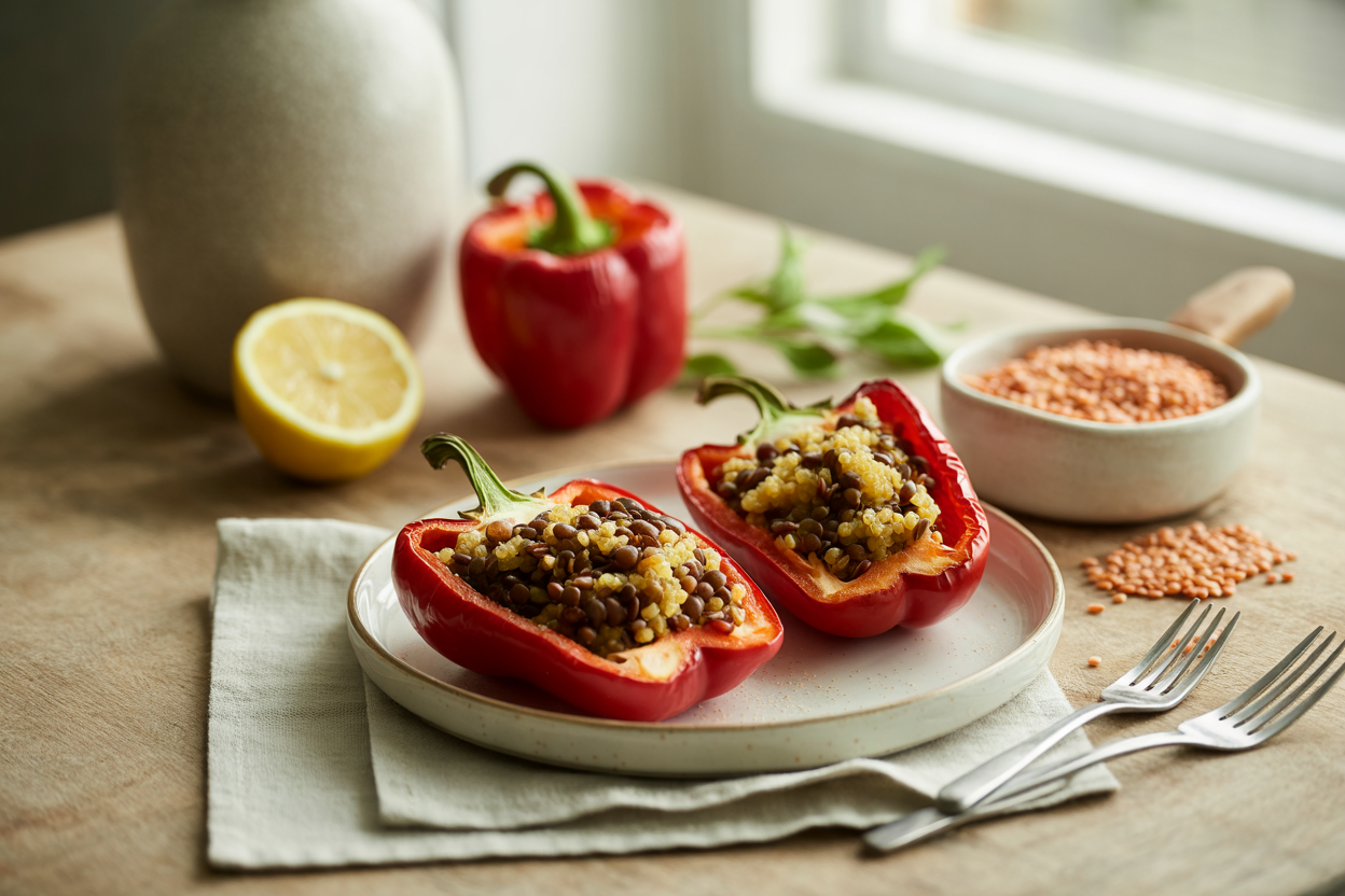 Roasted red pepper halves topped with lentils and quinoa