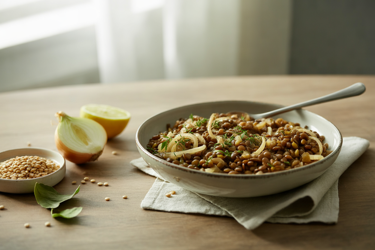 Lentils and whole grain brown rice with onion and lemon