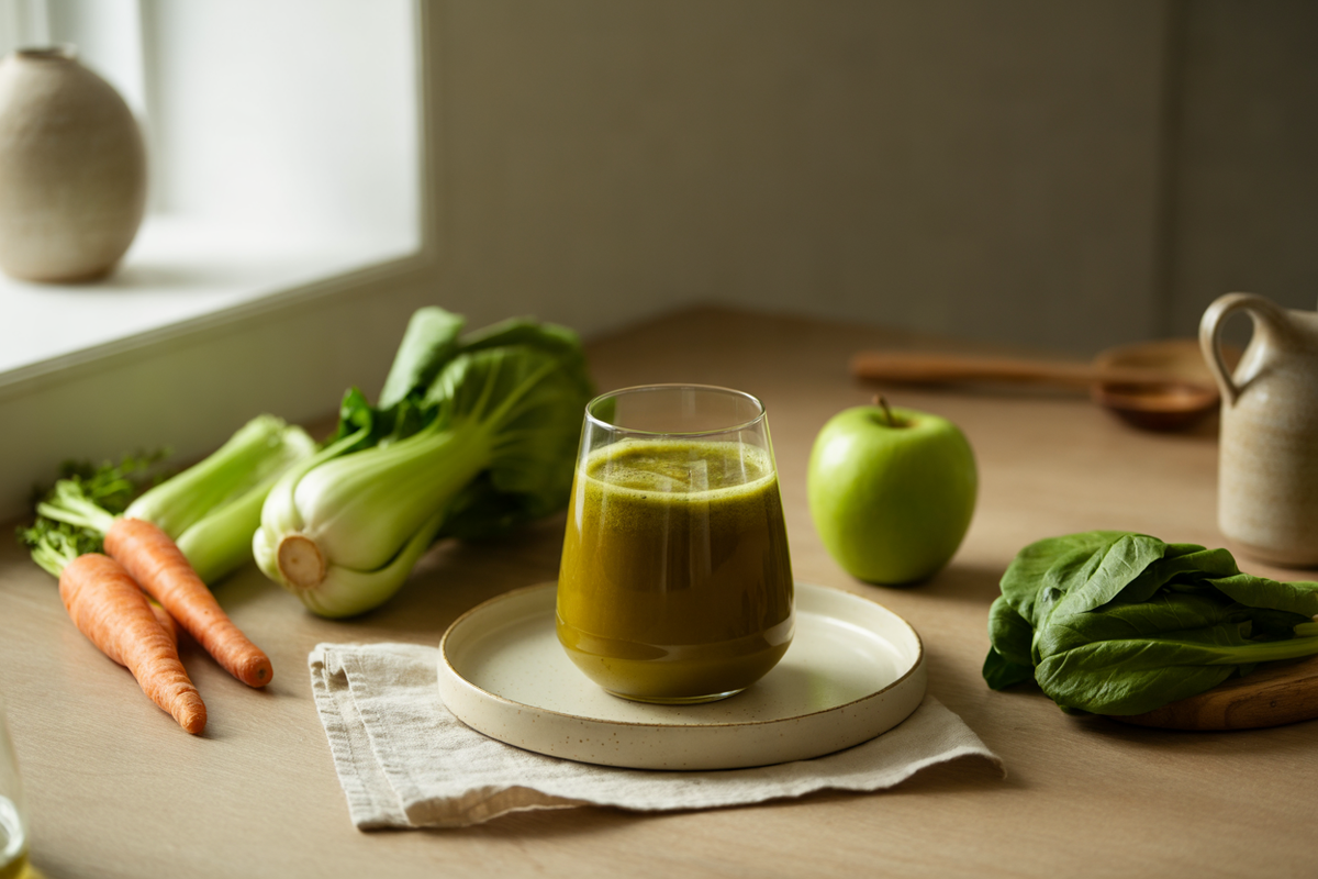 Carrot, bok choy, celery, apple and spinach juice