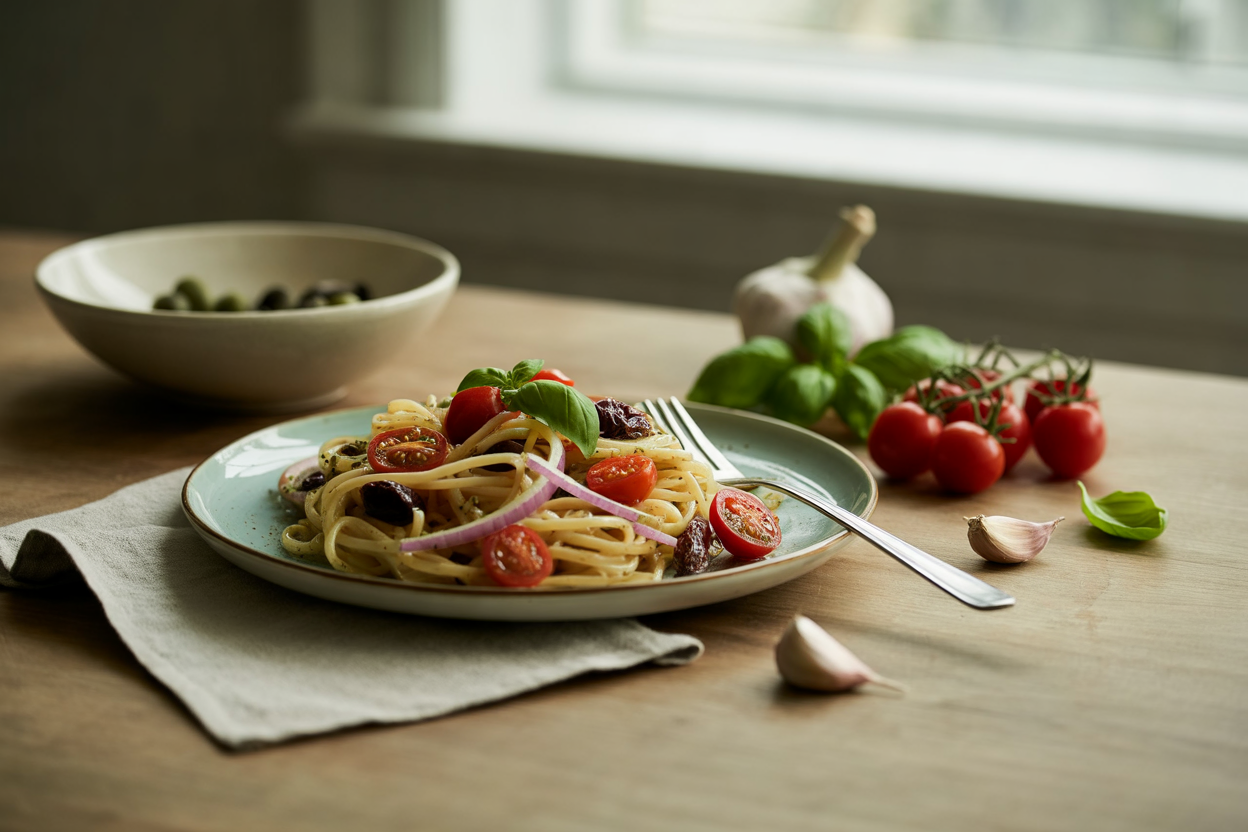 Linguini with cherry tomatoes, olives and basil