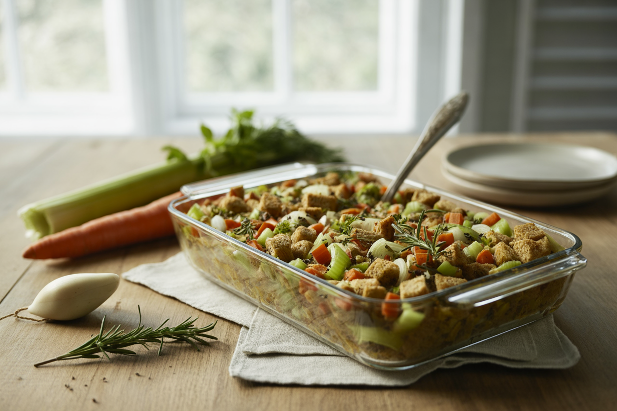Baked holiday stuffing with celery, carrot and herbs