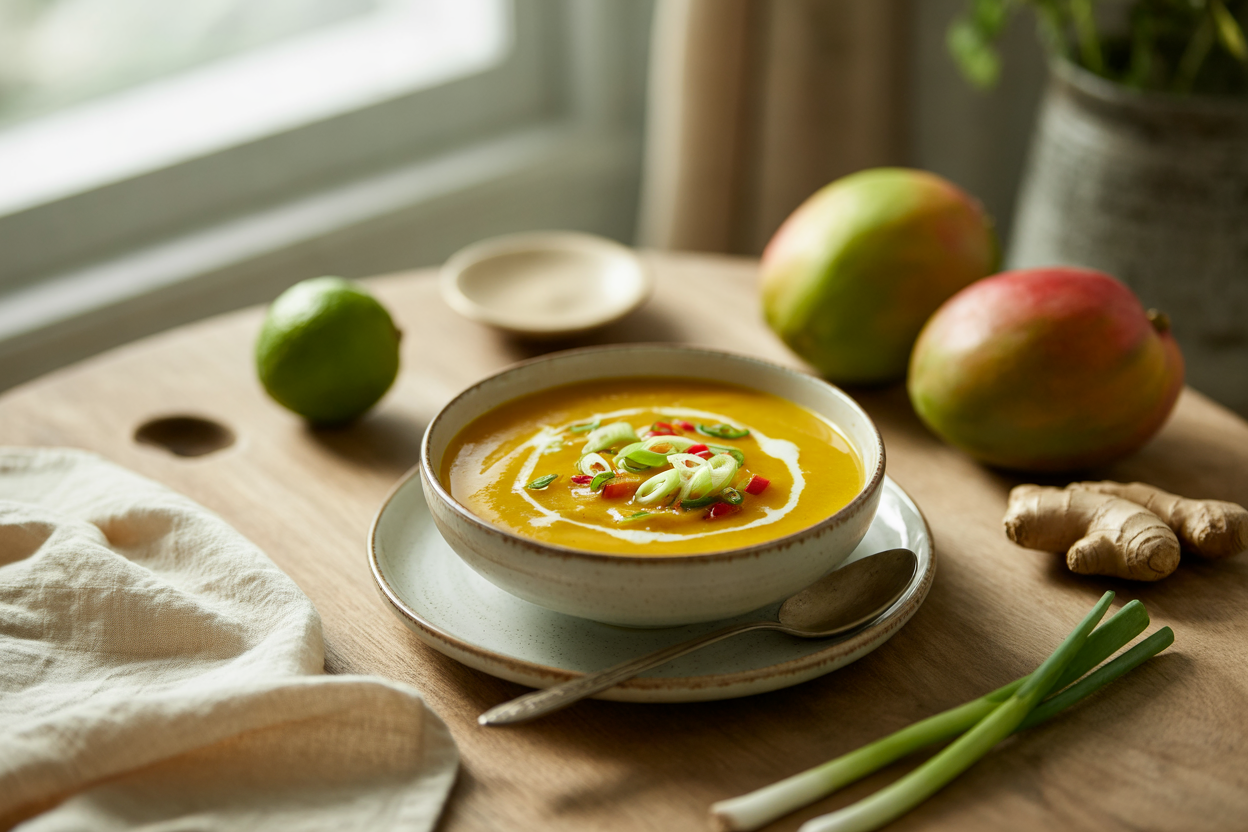 Live mango spice soup with cashew cream swirl