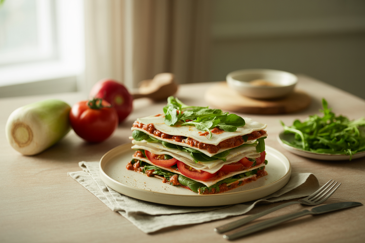 Raw living lasagna layered with turnip, tomato, spinach, arugula and red pepper cashew cheese