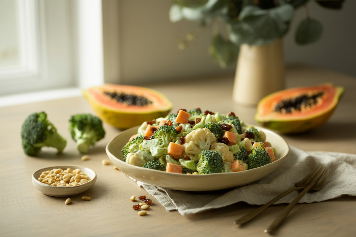 Broccoli, cauliflower and papaya salad with currants and pine nuts
