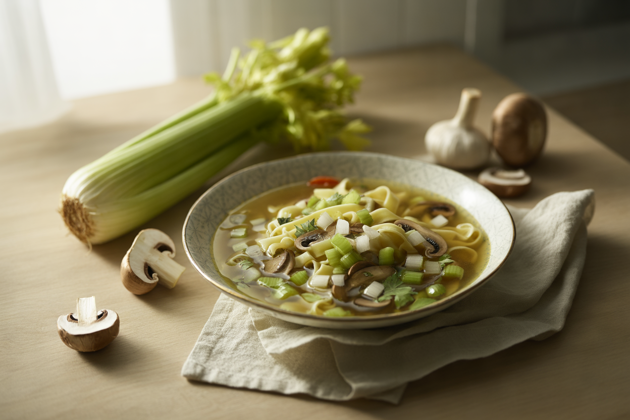 Vegetable soup with celery, mushrooms, onion and fettuccine