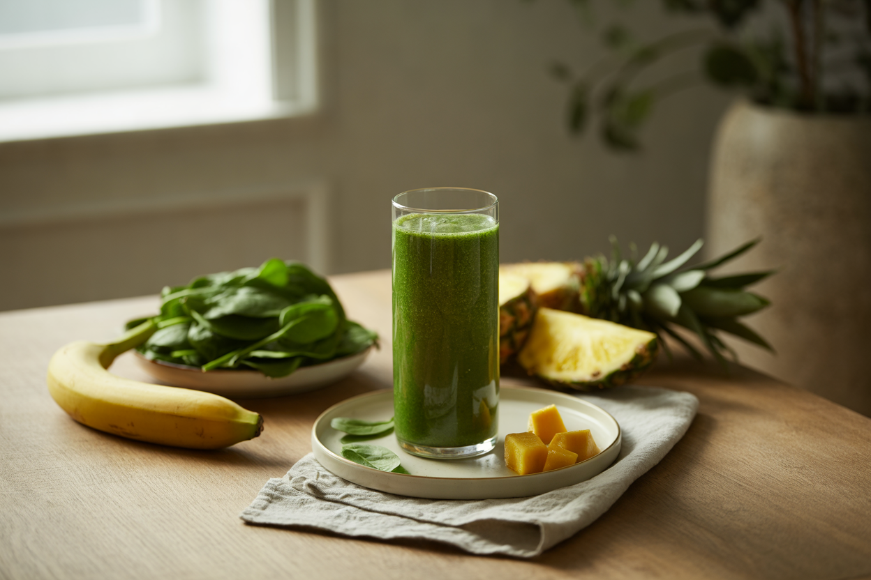 Green smoothie with spinach, banana, mango and pineapple