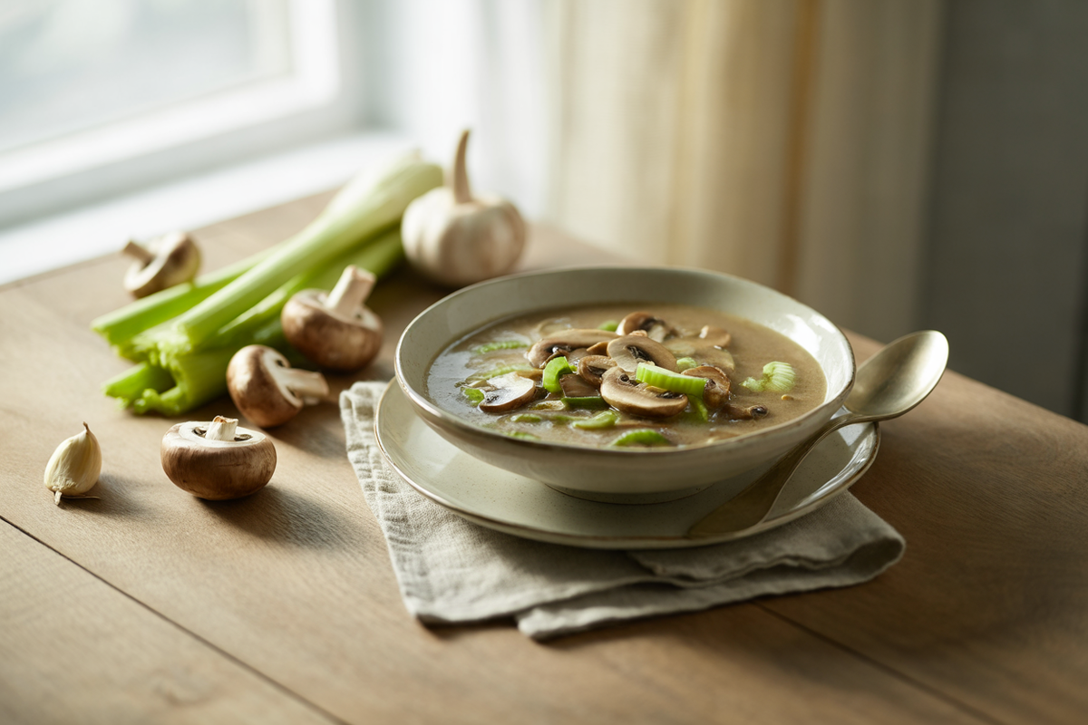 Thick mushroom soup with celery and green pepper