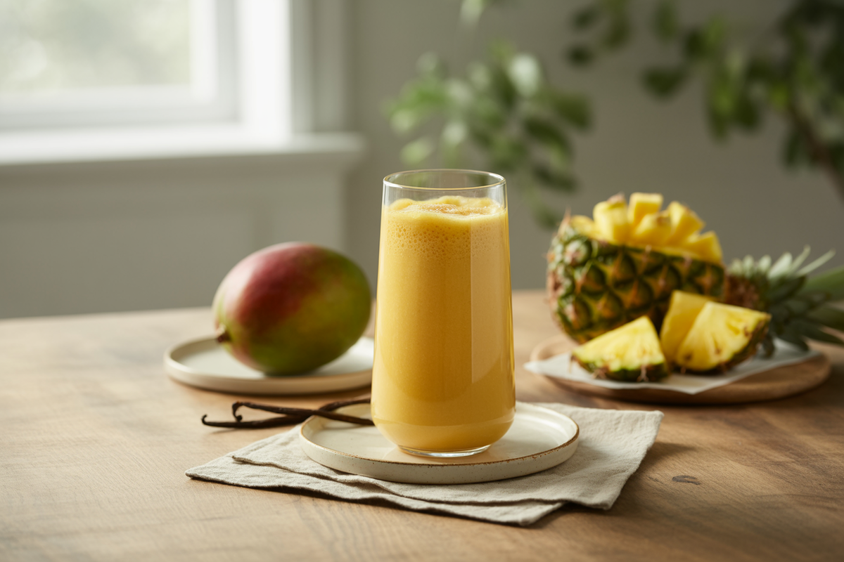 Mango pineapple milkshake with fresh mango and pineapple