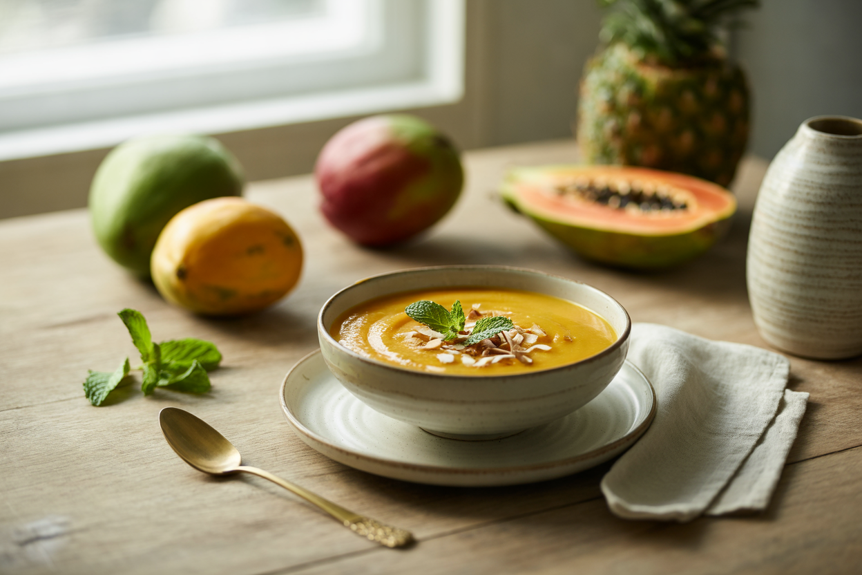 Tropical mango fruit soup with mint and coconut