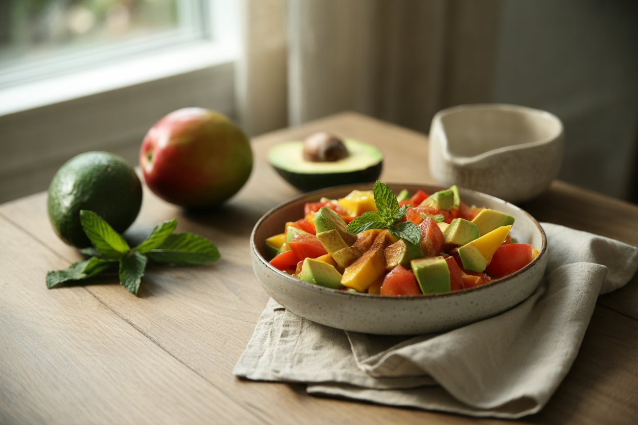 Mango, tomato and avocado chop bowl with mint