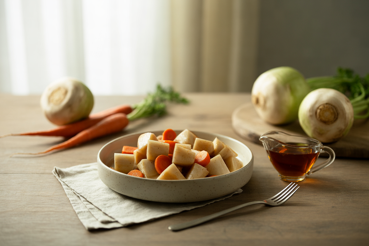 Maple glazed turnips and carrots