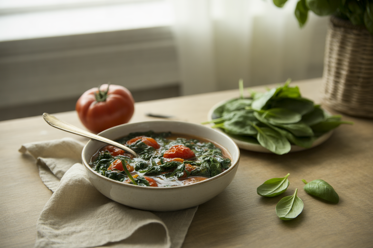 Stewed tomatoes with spinach and sweet basil