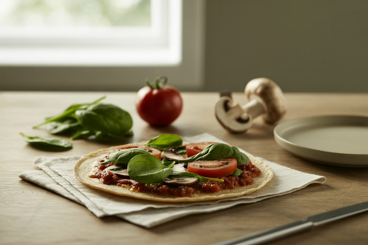 Corn tortilla pizza topped with tomato sauce, spinach, tomatoes and mushrooms