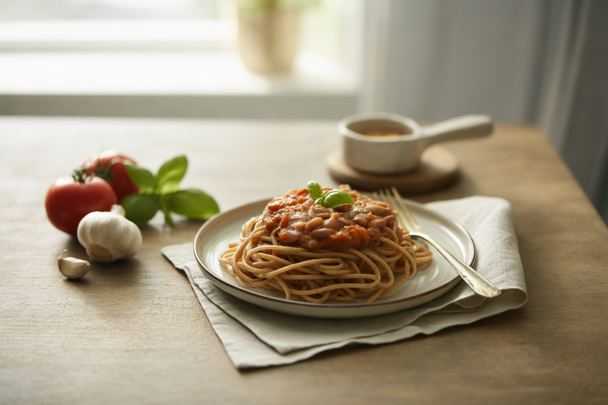 Protein spaghetti with tomato bean sauce