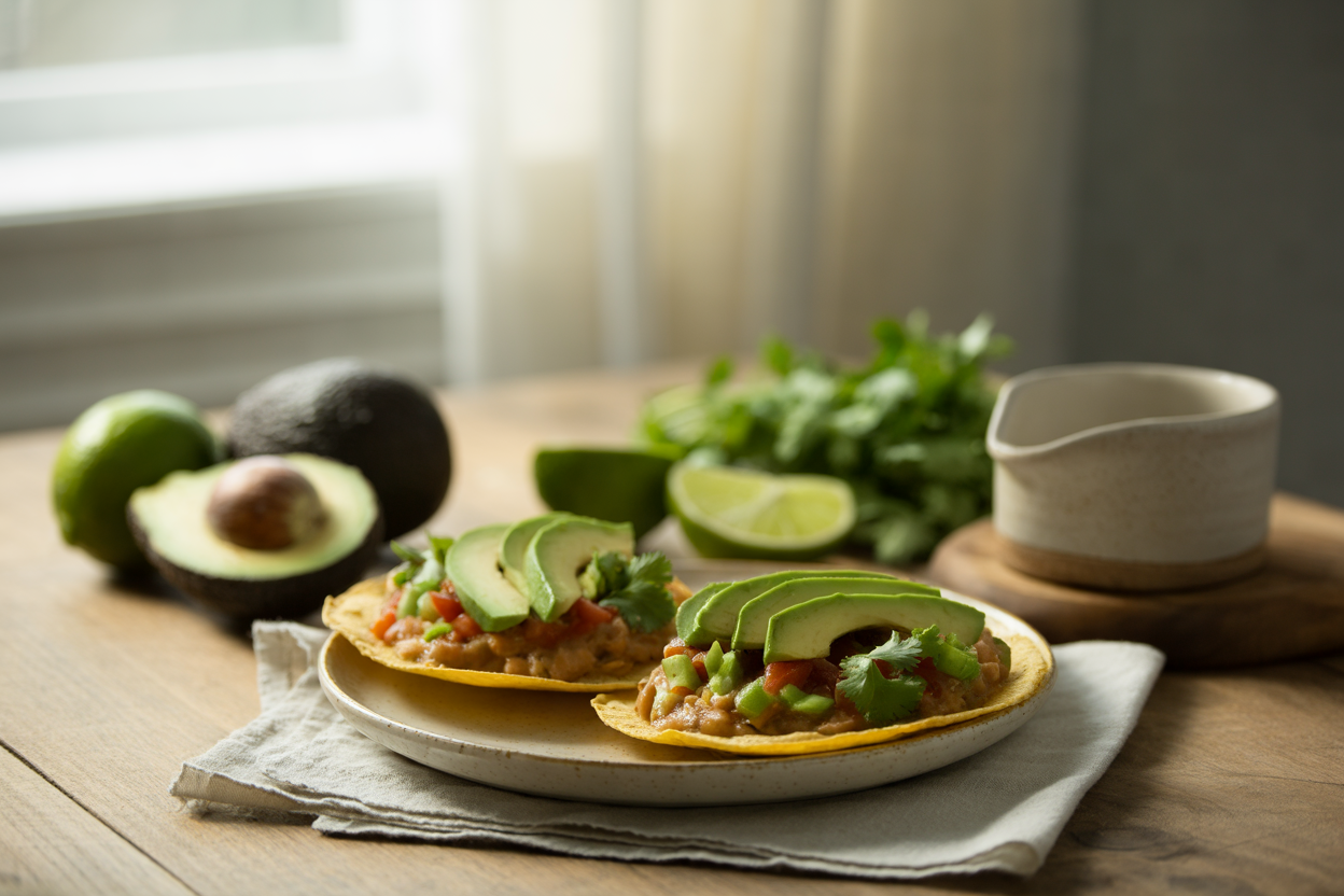 Bean tostadas with avocado and salsa