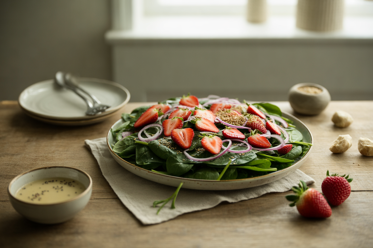 Strawberry spinach salad with purple onion and sesame seeds