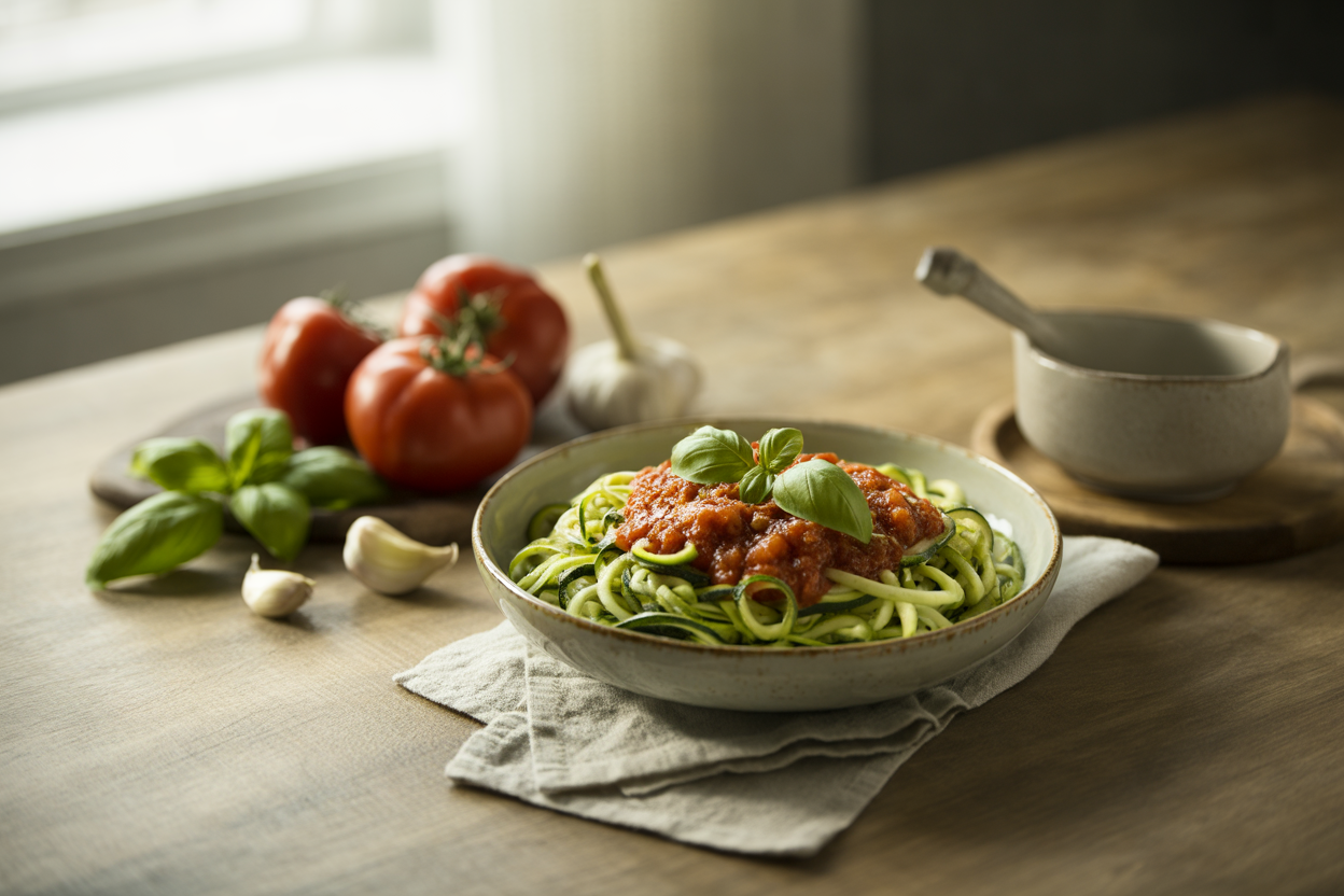 Raw marinara sauce with basil over zucchini noodles