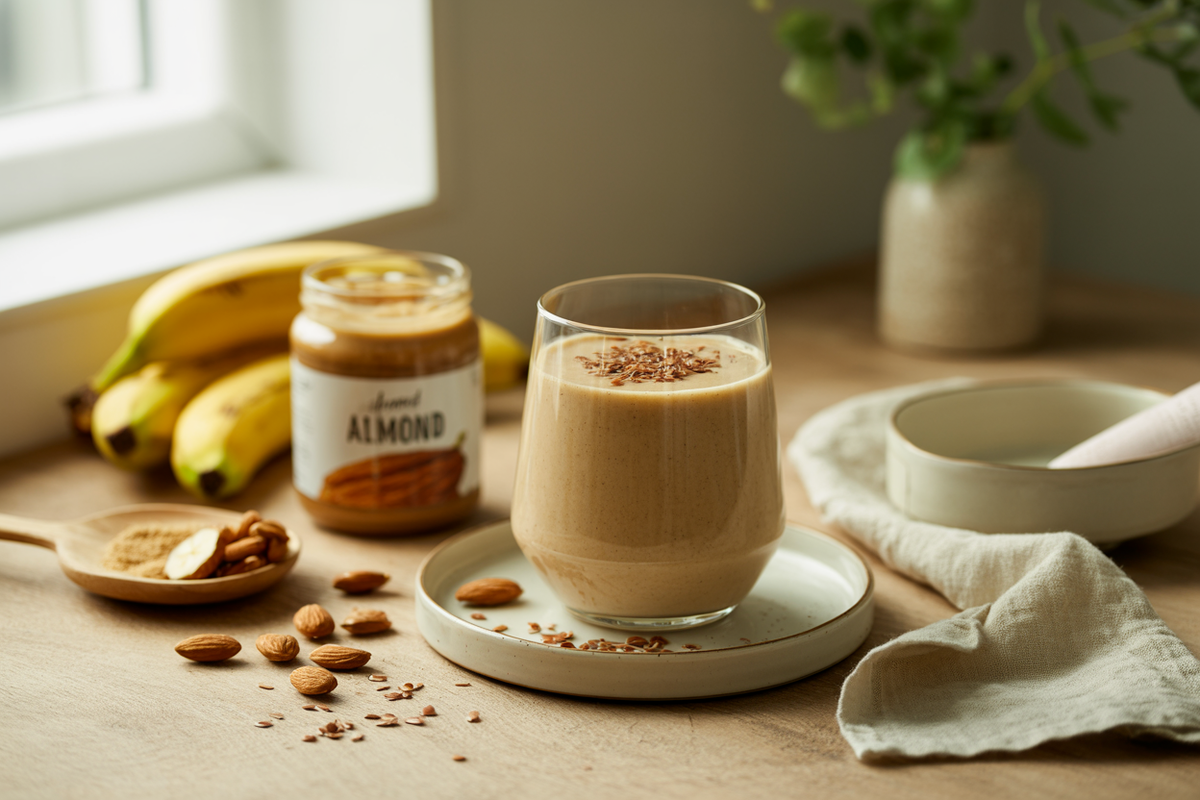 Almond butter banana smoothie with flax seeds