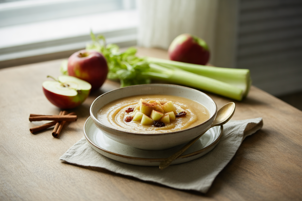 Raw apple soup with raisins and cinnamon