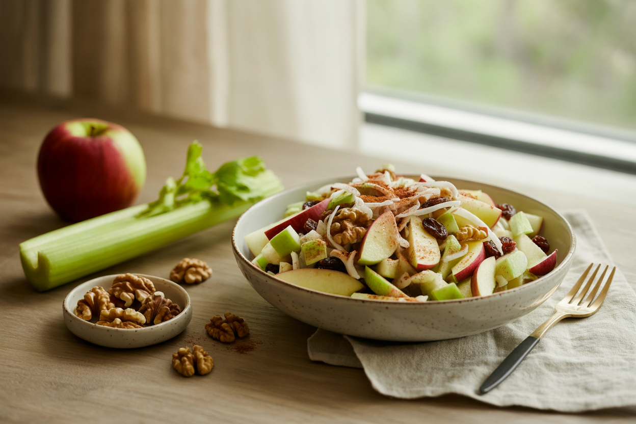 Waldorf salad with apple, celery, raisins, walnuts and coconut