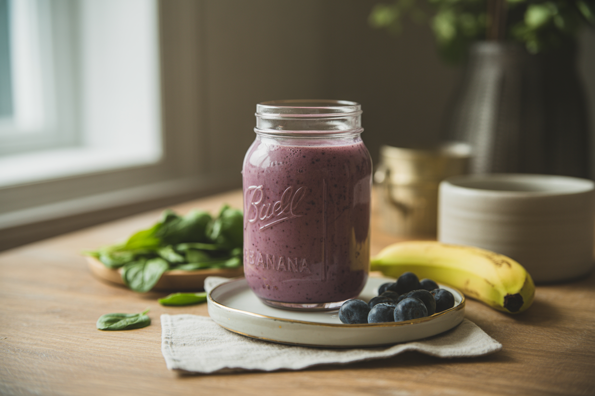 Blueberry banana spinach smoothie in a mason jar