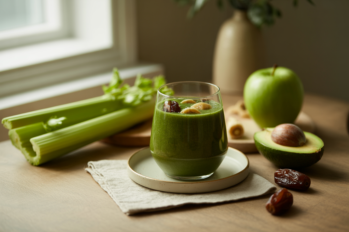 Mean green smoothie with celery, apple, avocado and dates