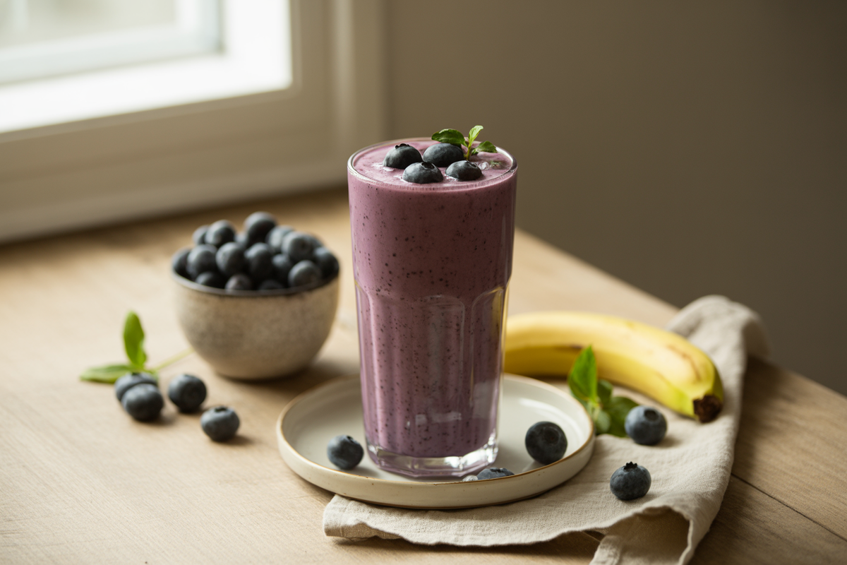 Blueberry banana smoothie made with BarleyMax Berry