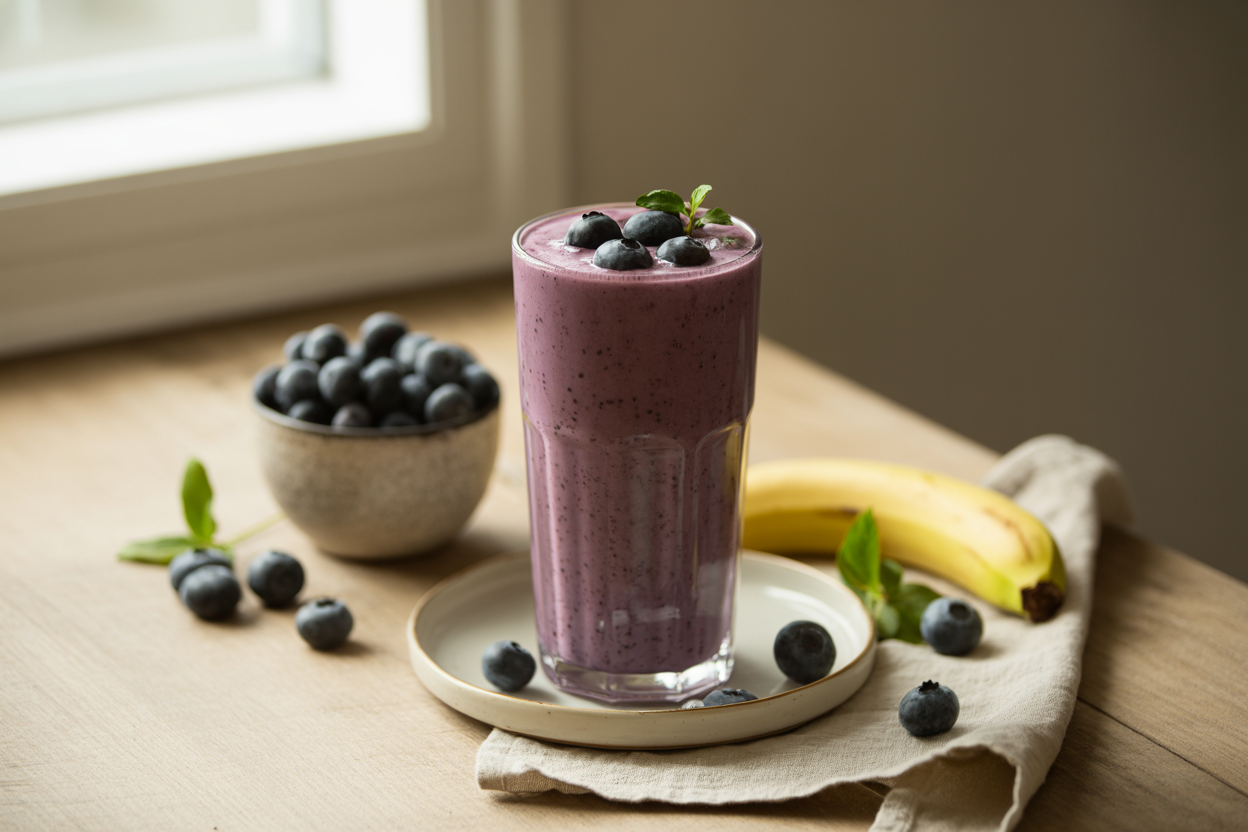 Blueberry banana smoothie made with BarleyMax Berry