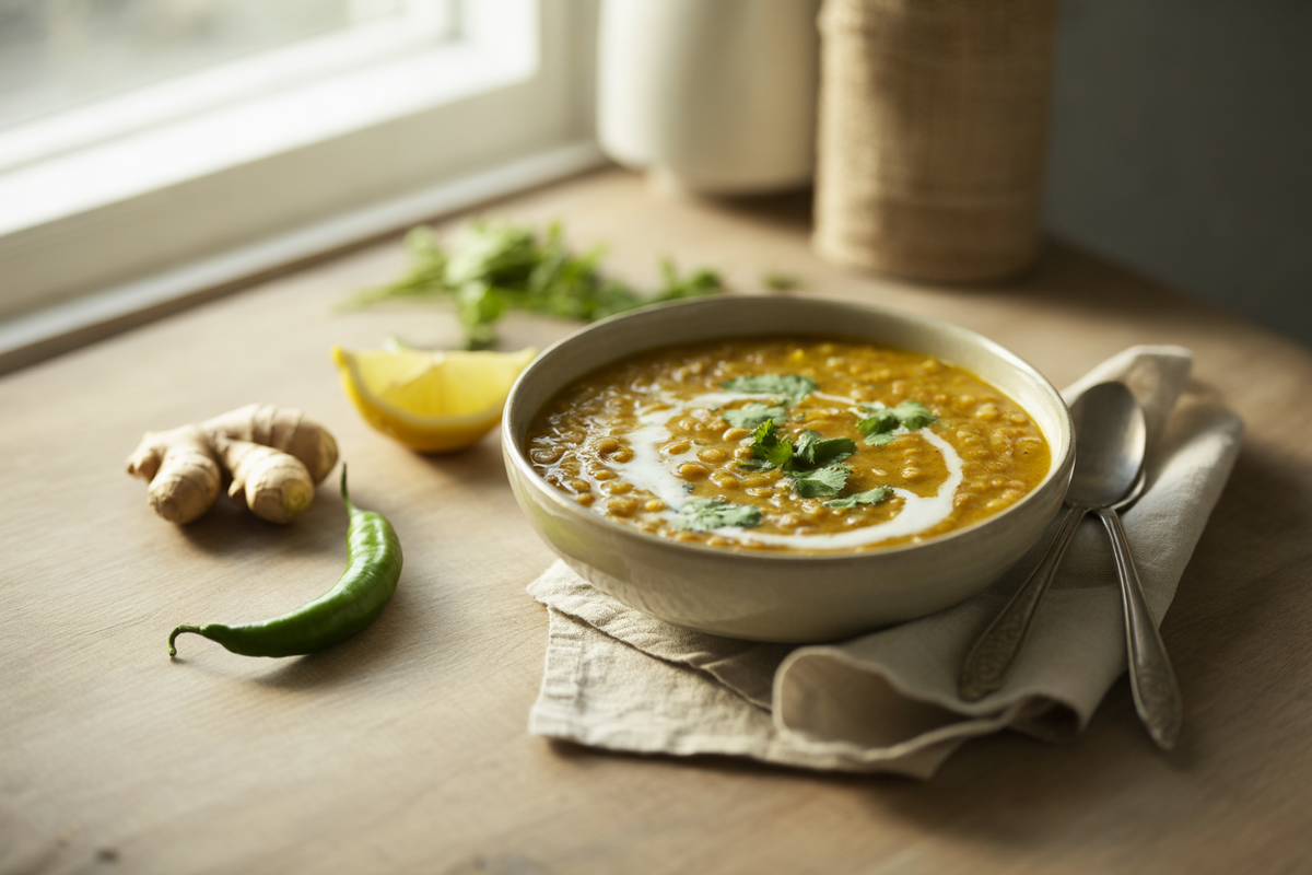 Spiced coconut lentil dahl with cilantro and ginger