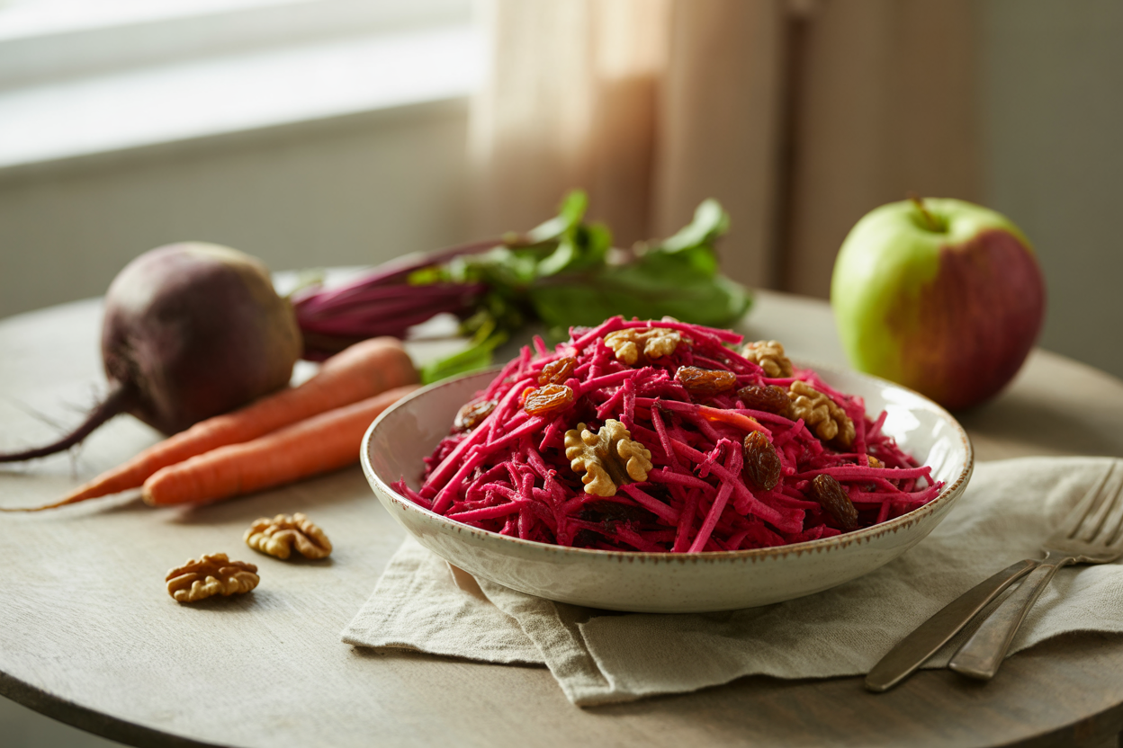 Raw beet and carrot slaw with apple, raisins and walnuts