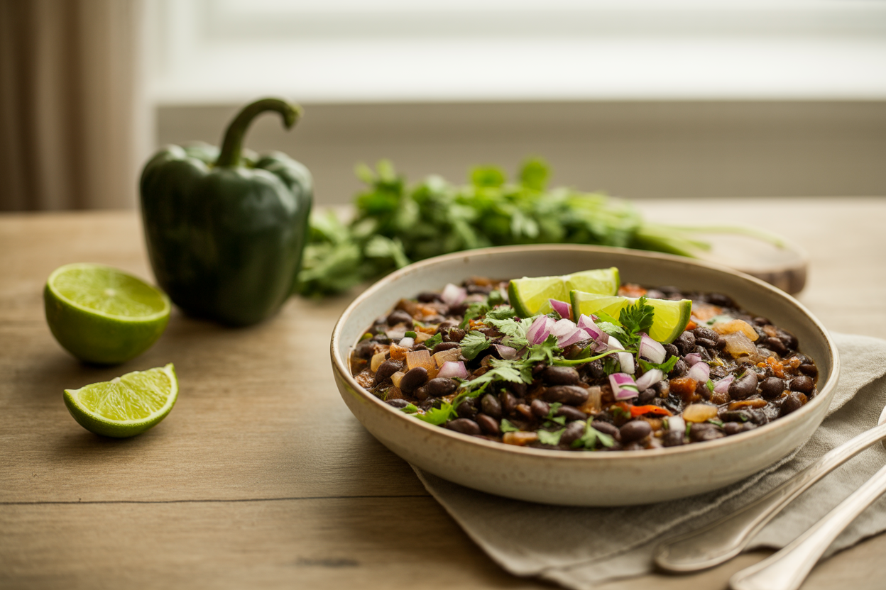 Mexicali black beans garnished with red onion, cilantro and lime wedges