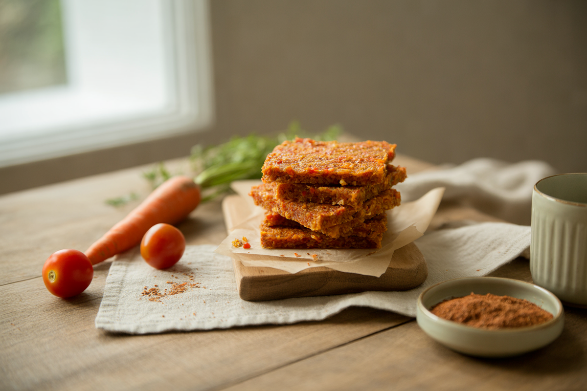 Raw Mexican flax bread with carrots, tomatoes and chili spices