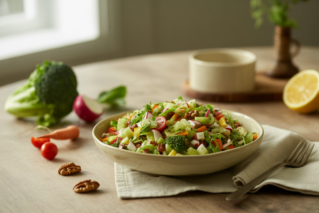 Micro-chopped salad of romaine, broccoli, tomatoes, carrot and walnuts