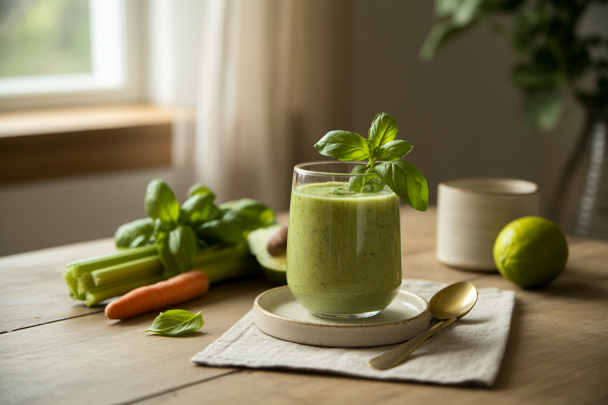Mint-basil vegetable smoothie with celery, carrot and avocado